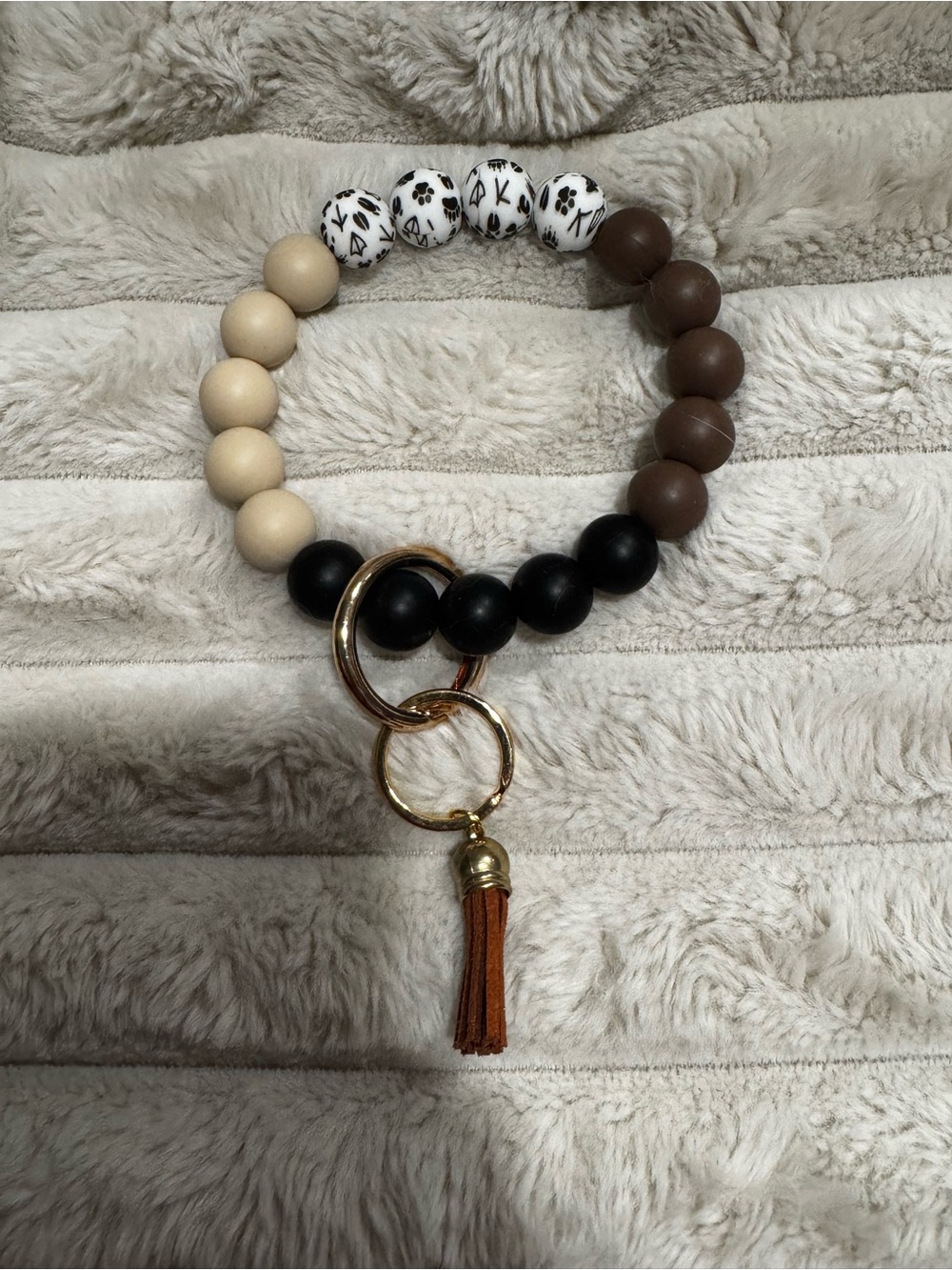 Beaded Wrist Keyring with Black, Cream & Brown Beads and Tan Tassel